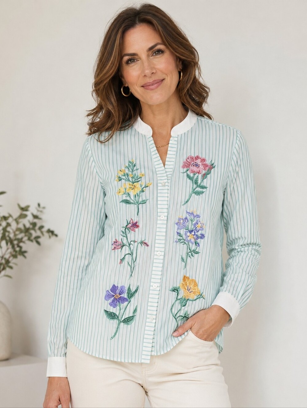 459.Bob Mackie Wearable Art Striped Embroidered Button Down